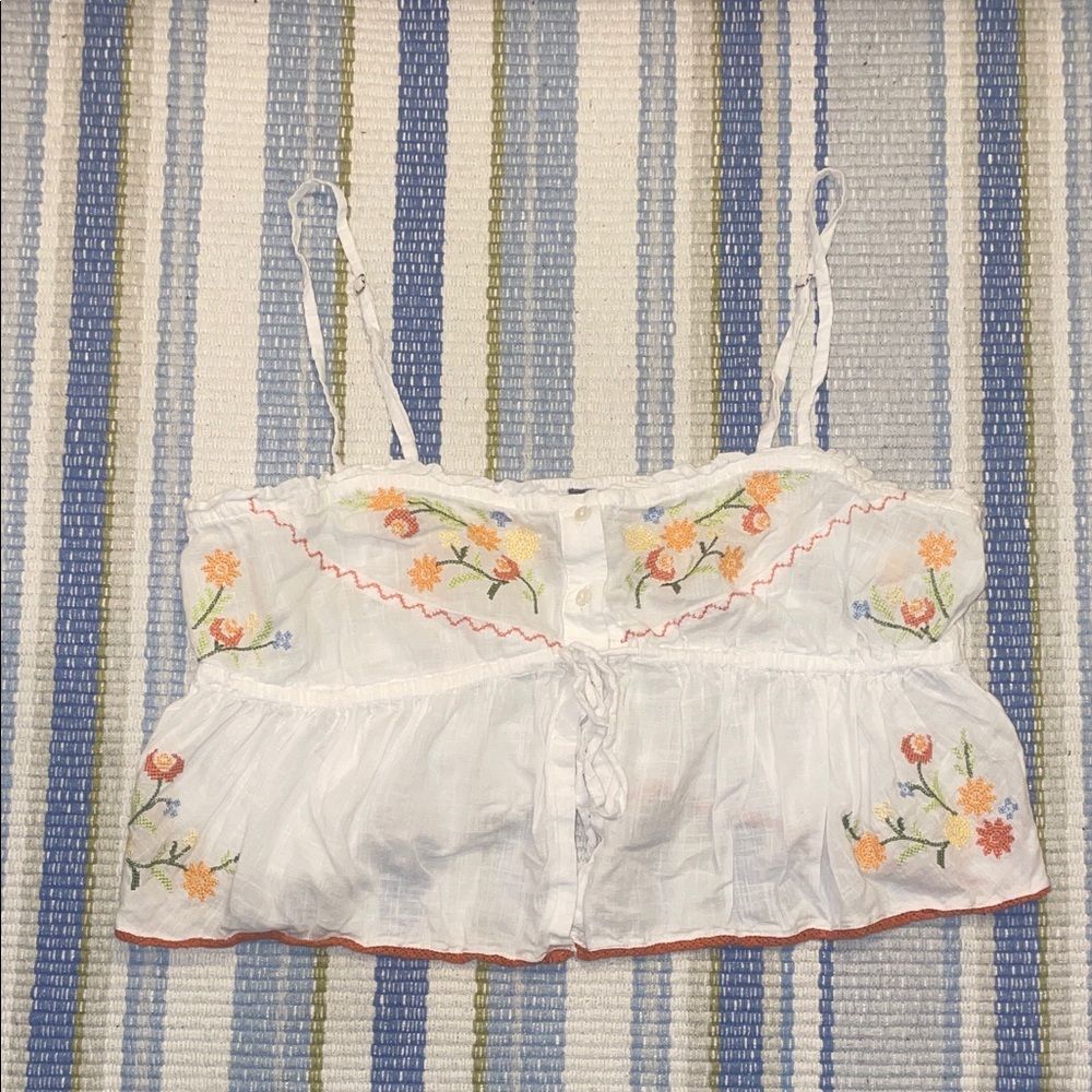 Anthropologie White Camisole with Floral Embroidery